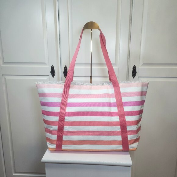 Victoria Secret Large Pink Orange Canvas Striped Beach Tote Bag - Picture 2 of 14
